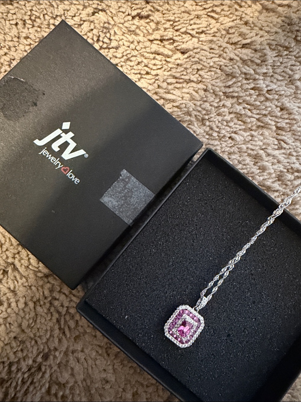 JTV Silver Necklace with Pink Gemstone Halo Pendant